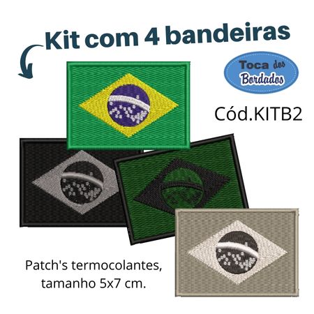 Kit Patch Bordados Brasil C/4 bandeiras 5x7 cm Cód.KITB2